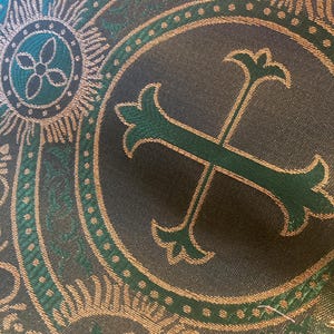 Green Liturgical Brocade Fabric: Cross Design, Metallic Gold Threads