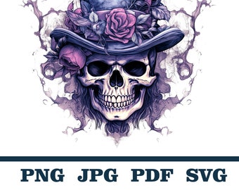 Vintage Skeleton with Top Hat, Skull with Top Hat and Roses File, Skull in a top hat clipart, Floral Skull with Top Hat, Skull and Top Hat