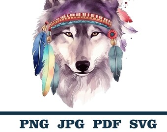 Watercolor Boho Floral Wolf clipart, Wild Animal Faces Clipart, Boho Floral Wild Animals, Watercolor Animal with Flowers and Feathers Design
