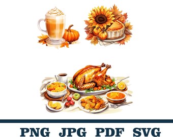 Thanksgiving Food Clipart, Thanksgiving PNG, Autumn Food Watercolor Clipart, Fall Food Images, Pumpkin Spice Latte, Pie, Pumpkin Pie