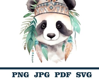 Watercolor Boho Panda Bear, Boho Animal Heads, Watercolor Boho Animals Clipart, Animal Head, Animal Head Clipart, Animal Faces Svg, Panda