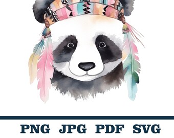 Boho Panda, Watercolor Boho Animals Clipart, Boho Animals Clipart, Boho Watercolor Animal Clipart, Animals with Flowers and Feathers Design