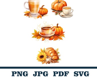 Coffee, Cappuccino, Pumpkin Spice Latte, Dessert Clip art, Autumn Food and Dessert Clipart, Fall Dessert Clipart, Latte Fall Art, Coffee Cup