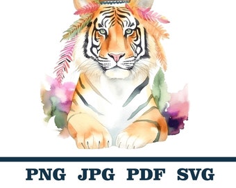 Wild Animal Head Clipart, Safari Animal Faces Svg, Jungle African Animal Head Png, Safari Animal Clipart, Tiger, Watercolor Tiger head