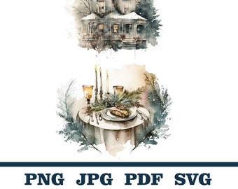 Watercolor Christmas House, Winter Country House Watercolor Clipart, Cozy Christmas, Holiday Illustrations, Christmas Decor, Holiday Decor