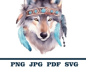 Boho Floral Wolf clipart, Watercolor Boho Animals Clipart, Wild Animal Head Clipart, Wild Animal Faces Clipart, SVG Animal Heads, Wolf Head