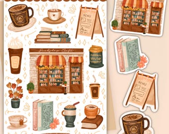 May include: A sticker sheet featuring illustrations of a bookshop cafe, stacks of books, coffee mugs, and menu boards. The designs include a storefront with striped awnings, various hot beverages, and decorative floral accents in warm brown tones.