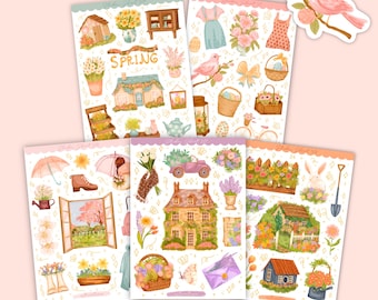 Frühling Aufkleber Bogen Bundle, Blumen Sticker, Garten Journaling, Set mit 5 Bögen