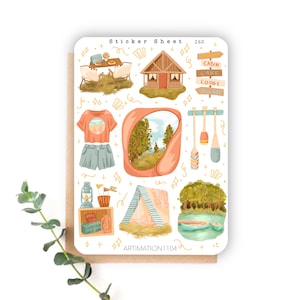 Hoja de pegatinas "Campamento de verano" 260 / Bullet Journal, Álbum de recortes, Planificador, Verano, Vacaciones, Cottage Core,
