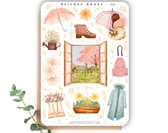 11 fogli adesivi "Rainy Spring Day" 306 / Adesivo Bullet Journal, adesivi per album, adesivi per pianificatore, Cottage Core, lettore, primavera