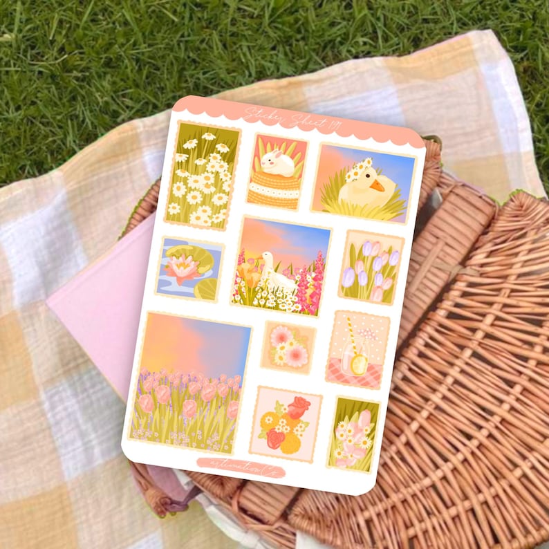 Peut inclure: Une planche d'autocollants rectangulaire avec un bord sup&eacute;rieur festonn&eacute; portant le texte Sticker Sheet 01. Elle contient onze autocollants individuels illustrant des marguerites blanches, un lapin blanc, un caneton jaune et des tulipes roses.