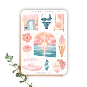 Foglio di adesivi "Pastel Sunset" 325 / Bullet Journal, Scrapbook, Planner, Cottage Core, Lettore, Estate, Spiaggia