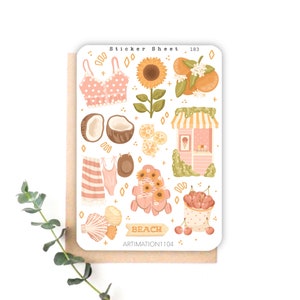 Foglio di adesivi "Agosto" 183 / Bullet Journal, Album, Planner, Spiaggia, Floreale, Cottage Core, Estate