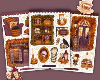 Peut inclure: Un ensemble de trois planches d'autocollants Haunted Shops illustrant des devantures de magasins aux couleurs d'automne, des étagères avec des crânes, des citrouilles, des potions, une boule de cristal, un sablier, un corbeau et une tasse.
