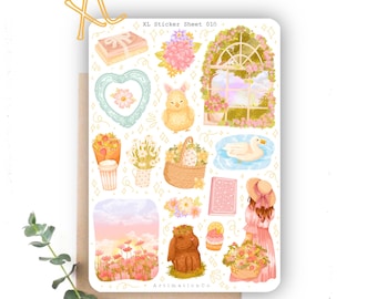 May include: A sticker sheet with a variety of cute illustrations, including a window with flowers, a duck, a bunny, a basket of flowers, a girl with a hat, and a field of flowers. The sticker sheet is titled "XL Sticker Sheet 018" and is from the company "ArtmationCo."