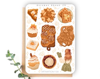 Peut inclure: Une planche d'autocollants étiquetée Sticker Sheet 278 et ARTIMATION1104 avec des illustrations de pâtisseries d'automne dont tarte, gaufres, cupcakes, roulés à la cannelle, biscuits citrouille et une personne avec tablier.