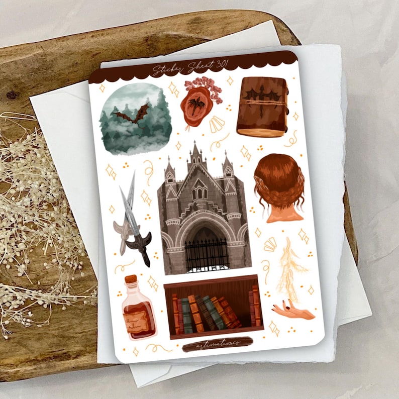 May include: A sticker sheet labeled Sticker Sheet 301 featuring fantasy illustrations including a dragon in a forest, a wax seal, a leather-bound book, a gothic cathedral, a sword, a potion bottle, a bookshelf, and a hand with a glowing light.