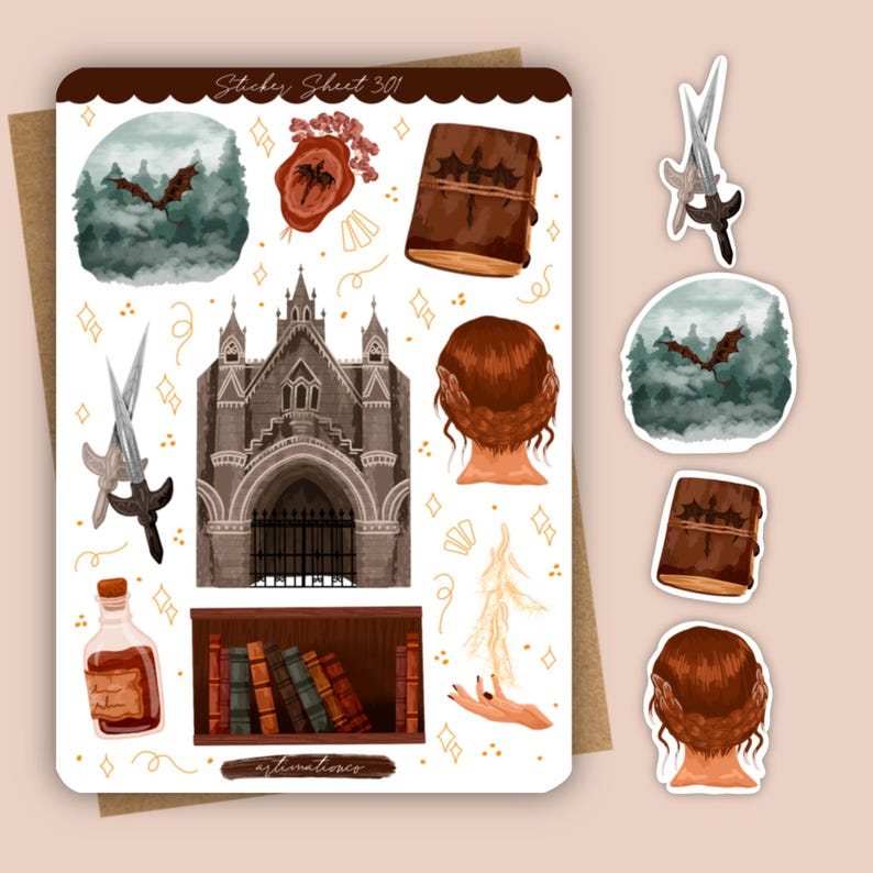 May include: A sticker sheet labeled Sticker Sheet 301 featuring fantasy-themed illustrations including a gothic cathedral, a brown leather book, a dragon in a forest, crossed swords, a potion bottle, a bookshelf, and a person with braided hair.