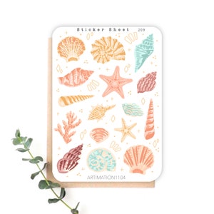 Hoja de 16 pegatinas "Conchas marinas" 209 / Bullet Journal, álbum de recortes, planificador, verano, mar, océano, verano