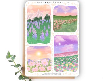 May include: A sticker sheet with four different designs featuring colorful landscapes. The designs include a mountain range with purple flowers, a field of flowers with a sunset, a field of flowers with a starry sky, and a field of flowers with a sunrise. The sticker sheet is labeled "Sticker Sheet 341" and "ARTIMATION1104".