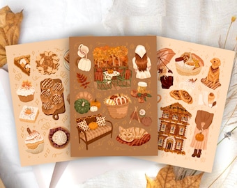 Set di cartoline con stampa artistica "Cozy Autumn" / Set di 3 stampe lucide premium con disegni e colori estetici