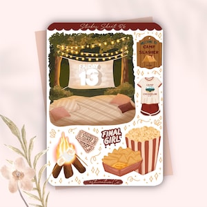 May include: A sticker sheet titled Sticker Sheet 426 featuring a Friday the 13th outdoor movie scene with string lights, a blanket, and pillows. Includes a Welcome to Camp Slasher sign, a Camp Counselor shirt, cinema tickets, Final Girl text, popcorn, and nachos.