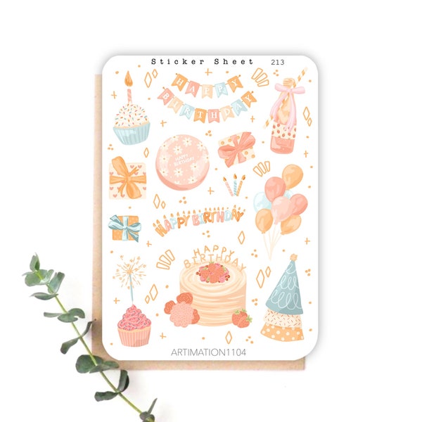 13pcs Sticker Sheet "Birthday Bash“ 213 | Bullet Journal Sticker, Scrapbook Stickers, Planner Sticker, Autumn, Fall, Cottage Core,