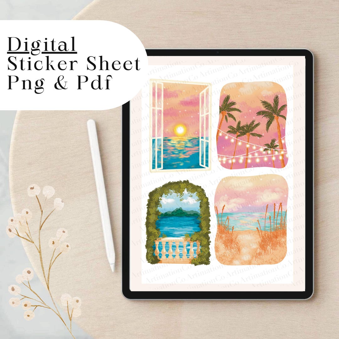 Secenery Sticker Background Summer Scenery Digital Sticker Sheet: Cozy Planner Stickers (PDF & PNG ...