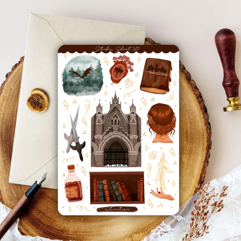 May include: A sticker sheet labeled Sticker Sheet 301 featuring illustrations of a dragon in a forest, a wax seal, a leather-bound book, two crossed swords, a gothic stone archway, a person's head, a potion bottle, a bookshelf, and a hand.