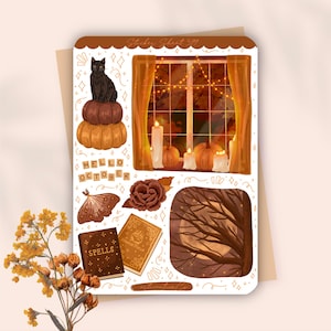Könnte beinhalten: Ein Stickerbogen mit herbstlichen Illustrationen. Er zeigt eine schwarze Katze auf Kürbissen, eine Fensterszene mit Kerzen und Kürbissen, eine Motte, eine Rose, zwei Zauberbücher und einen mondbeschienenen Baum. Der Text "HELLO OCTOBER" ist ebenfalls vorhanden.