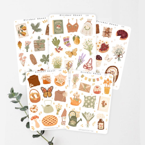 Jardin de cottage, lot de 5 feuilles d'autocollants | Sticker Bullet Journal, Stickers scrapbooking, Sticker agenda, Sticker décoratif, Plantes, Nature