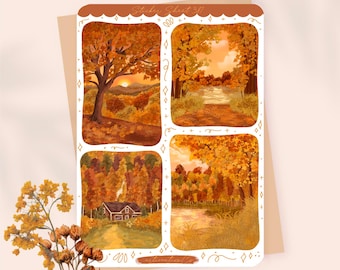 May include: A rectangular sticker sheet featuring four distinct autumn-themed illustrations. The scenes depict a sunset over hills, a forest path, a house nestled in trees, and a pond. The text Sticker Sheet 317 is printed at the top.