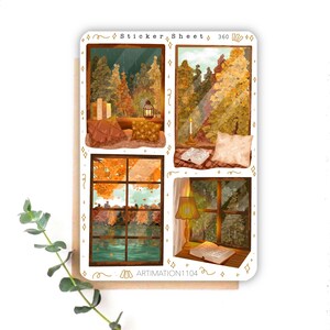 Foglio di adesivi "Cozy Windows" 360 / Bullet Journal, Scrapbook, Planner, Autunno, Cottage Core, Libri