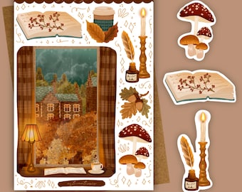 Peut inclure: Une planche d'autocollants étiquetée Sticker Sheet 431 avec des illustrations d'un livre ouvert avec des baies, une tasse de café, une bougie, une plume dans un encrier, des glands et des champignons. Une scène centrale montre une fenêtre.