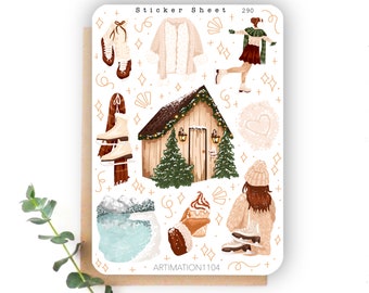 May include: A sticker sheet with a winter theme featuring a cozy cabin, ice skating, and winter clothing. The sheet includes a variety of stickers, including a cabin with snow on the roof, a person ice skating, a person wearing a winter coat, and a pair of ice skates. The sticker sheet is white with gold accents and the text "Sticker Sheet 290" and "ARTIMATION1104".