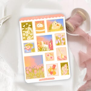 Peut inclure: Une planche d'autocollants rectangulaire intitul&eacute;e Sticker Sheet 191 pr&eacute;sentant diverses illustrations, dont un lapin blanc, un caneton, une oie blanche dans un champ de fleurs, des tulipes roses, un n&eacute;nuphar, un verre de limonade et des bouquets.
