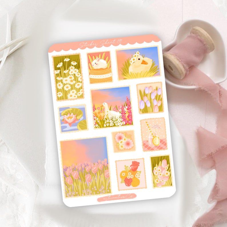 Peut inclure: Une planche d'autocollants rectangulaire intitul&eacute;e Sticker Sheet 191 pr&eacute;sentant diverses illustrations, dont un lapin blanc, un caneton, une oie blanche dans un champ de fleurs, des tulipes roses, un n&eacute;nuphar, un verre de limonade et des bouquets.