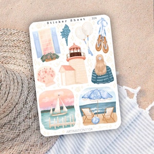 9 feuilles d'autocollants Ocean Breeze 324 Stickers Bullet Journal, Stickers scrapbooking, Sticker agenda, Cottage, Lecteur, Été, Plage image 4