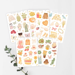 Paquete de 5 hojas de pegatinas de primavera para Bullet Journal, álbum de recortes, planificador, pegatinas decorativas, plantas, naturaleza, cabaña