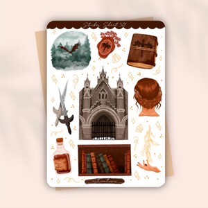 May include: A sticker sheet labeled Sticker Sheet 301 featuring fantasy illustrations including a dragon in a forest, a wax seal, a leather-bound book, two crossed swords, a gothic stone building, a person with braided hair, a potion bottle, and books.