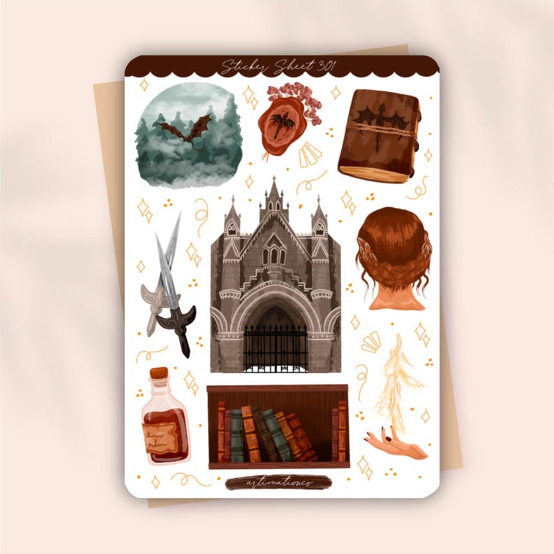May include: A sticker sheet labeled Sticker Sheet 301 featuring fantasy illustrations including a dragon in a forest, a wax seal, a leather-bound book, two crossed swords, a gothic stone building, a person with braided hair, a potion bottle, and books.
