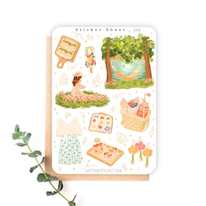 Hoja de pegatinas "Picnic en el lago" 259 / Bullet Journal, Álbum de recortes, Planificador, Verano, Vacaciones, Cottage Core,