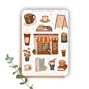 Sticker Bogen „Bookshop Café“ 303 | Bullet Journal, Scrapbook, Planer, Cottage Core, Reader, Kaffee