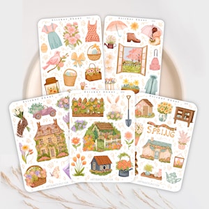Paquete de 5 hojas de pegatinas de primavera de 2024 para Bullet Journal, álbum de recortes, planificador, pegatinas decorativas, plantas