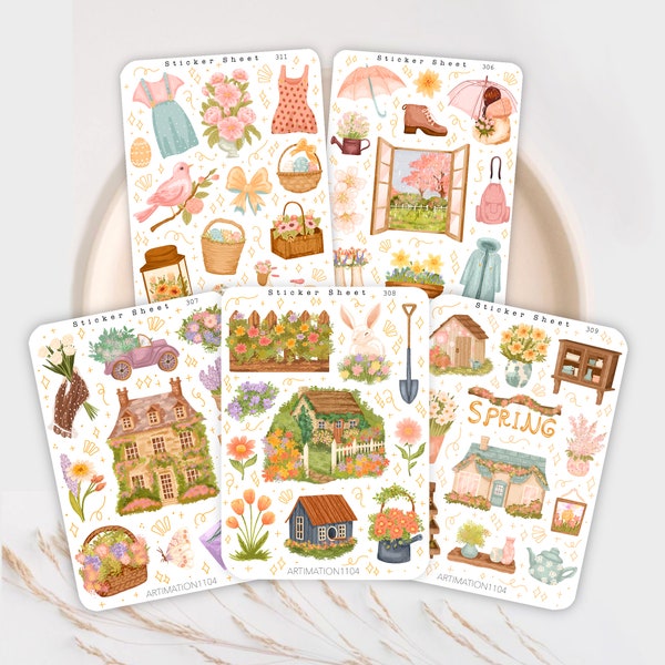 Spring 2024 Sticker Bundle of 5 Sticker Sheets | Bullet Journal Sticker, Scrapbook Stickers, Planner Sticker, Decorative Sticker, Plants