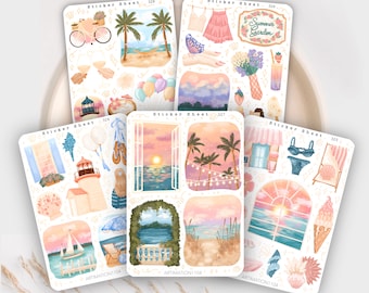 Pacchetto estate 2024 di 5 fogli di adesivi / Bullet Journal, Scrapbook, Planner, Costiera, Spiaggia