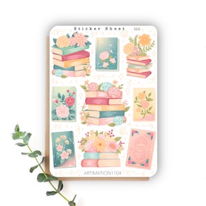 Foglio di adesivi "Bloomimg Books" 320 / Bullet Journal, Scrapbook, Planner, Cottage Core, Reader, Primavera