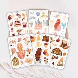 Pacote de 6 folhas de adesivos de contos de fadas | Diário de marcadores, álbum de recortes, planejador, outono, núcleo de chalé, conto de fadas