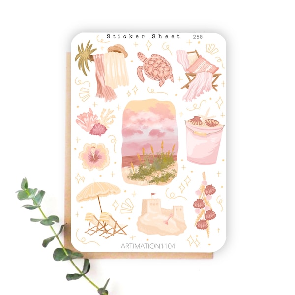 10 feuilles d'autocollants « Coucher de soleil sur la plage » 258 | Stickers Bullet Journal, Stickers Scrapbook, Sticker Agenda, Été, Vacances, Noyau De Chalet,