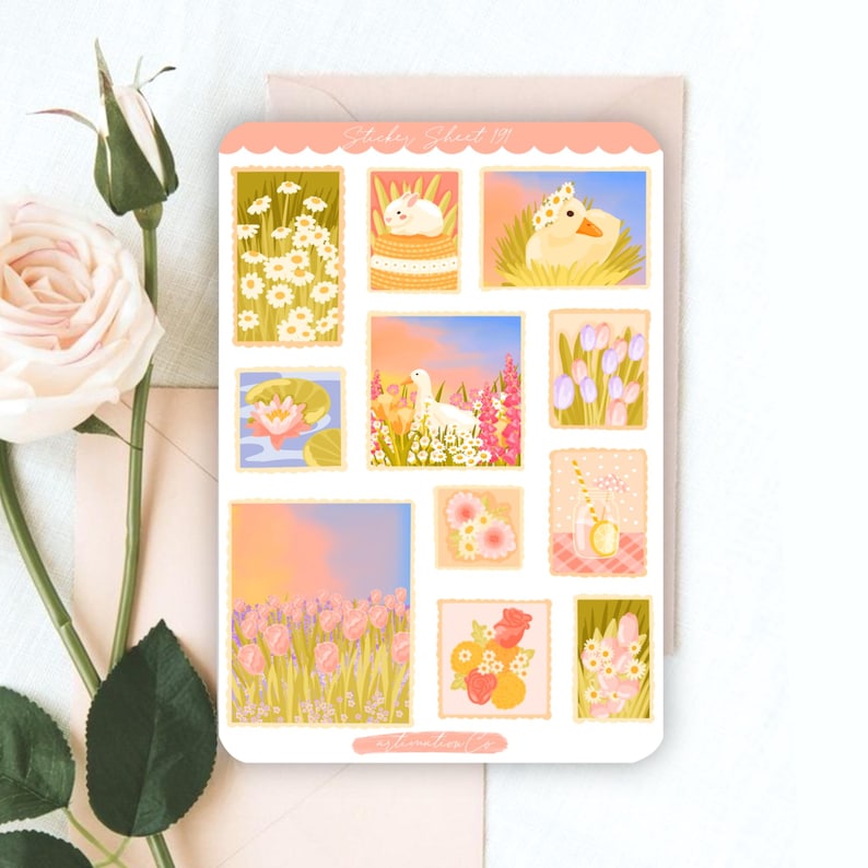 Peut inclure: Une planche d'autocollants rectangulaire pr&eacute;sentant diverses illustrations, notamment des marguerites blanches, un lapin blanc, un caneton jaune, un n&eacute;nuphar rose, une oie blanche dans un champ de fleurs, des tulipes roses et des compositions florales.